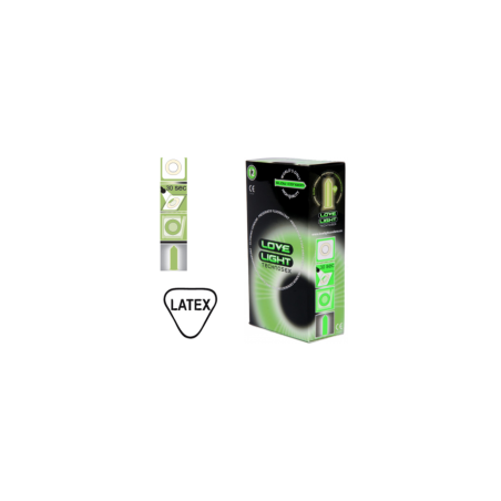 Caja de preservativos fosforescentes LOVE LIGHT Technosex Glow 12 uds, brillo en la oscuridad y protección garantizada