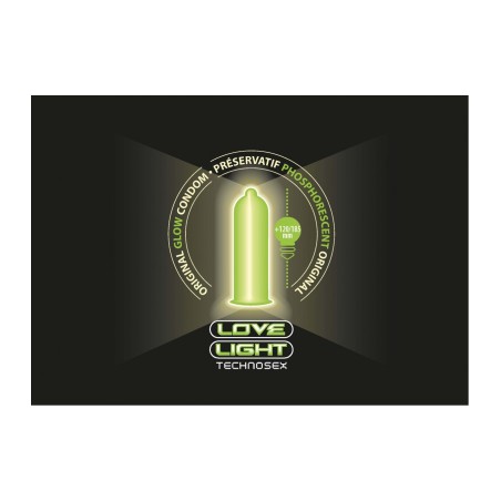 Comparación visual del preservativo LOVE LIGHT en estado normal y fosforescente para mostrar el efecto nocturno