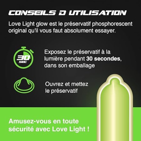 Pareja disfrutando de una experiencia íntima divertida y segura con preservativos fosforescentes LOVE LIGHT Technosex Glow
