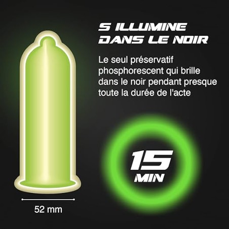 Caja de 12 preservativos fosforescentes LOVE LIGHT Technosex Glow que brillan en la oscuridad con máxima protección