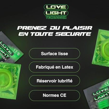 Preservativo LOVE LIGHT brillando en la oscuridad tras exposición a luz, para una experiencia íntima divertida y segura