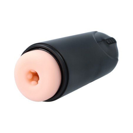 Masturbador M1 en primer plano, cuerpo cilíndrico en ABS y TPE suave, diseño elegante y discreto